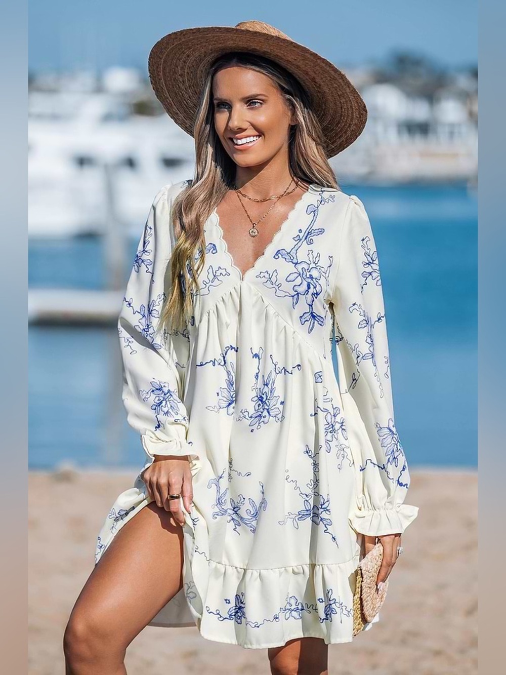 NWT Cupshe Boho Orchids Ruffled Mini Dress Long Sleeve Floral Cream Blue